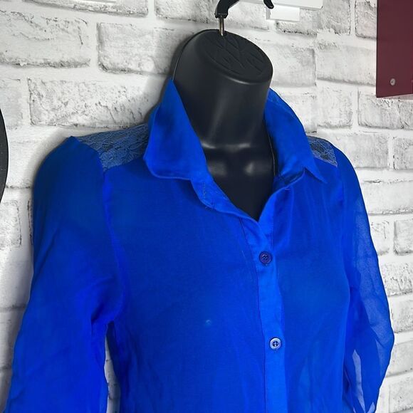 Wet Seal COBALT BLUE Tie Front Sheer Blouse Top Shirt Size XS - Picture 3 of 5